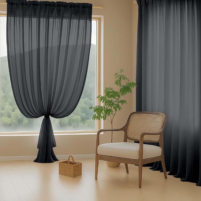 Halloween Black Sheer Curtains 63 Inch Length 2 Panels, Voile Sheer Curtain for Living Room, Breathable Light Filtering Window Treatments, Soft Fabric Dual Rod Pocket Drapes, 2x42Wx63L Inches
