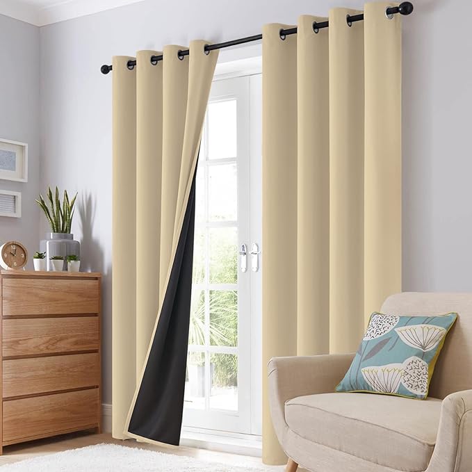 SimpleHome 100% Blackout Curtains for Bedroom,Thermal Insulated Beige Grommet Window Drapes Room Darkening Curtains for Living Room with Black Back,52 x 90 Inch,2 Panels