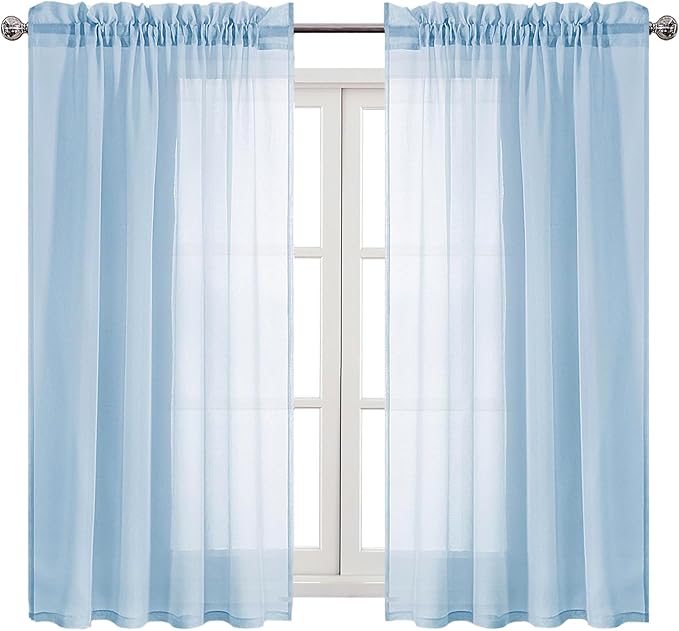 DWCN Sky Blue Sheer Curtains Semi Transparent Voile Rod Pocket Curtains for Bedroom and Living Room, 52 x 54 inches Long, Set of 2 Panels