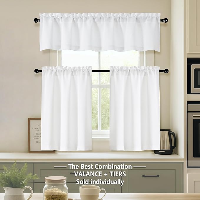 OVZME White Valance for Windows, Light Filtering Thick Textured Small Kitchen Valances for Window, Dual Rod Pocket Farmhouse Short Curtain for Bathroom Basement, 1 Piece, 52Wx16L Inch