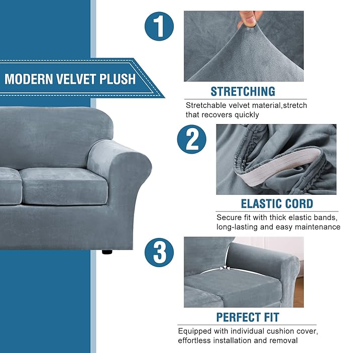 H.VERSAILTEX Real Velvet Plush 3 Piece Stretch Sofa Covers Couch Covers for 2 Cushion Couch Sofa Slipcovers Width Up to 90 Inch Feature Thick Soft Stay in Place (Large Sofa, Stone Blue)