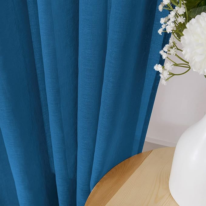 Tollpiz Short Sheer Curtain Linen Textured Living Room Curtains Sheer Light Filtering Rod Pocket Voile Curtain for Bedroom, 42 x 54 inches Long, Classic Blue, Set of 2 Panels
