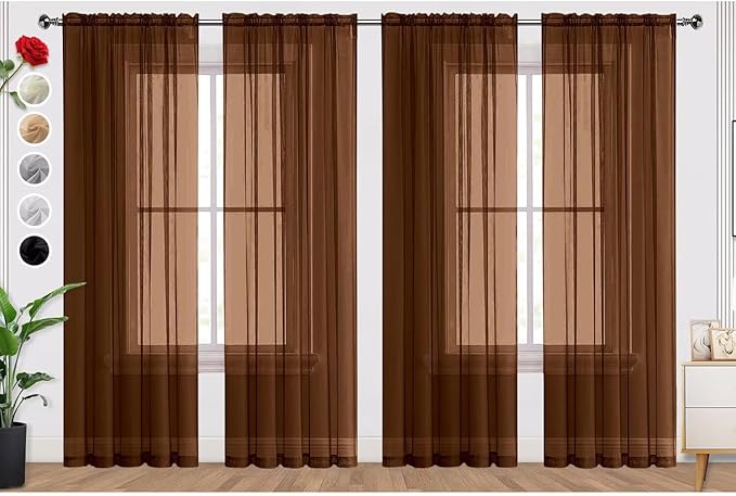 SpaceDresser Brown Sheer Curtains 4 Panels Rod Pocket Semi-Sheer Curtain 108 Inches Long Light Filtering Voile Window Drapes for Bedroom Living Room Kitchen, Each 52W x 108L