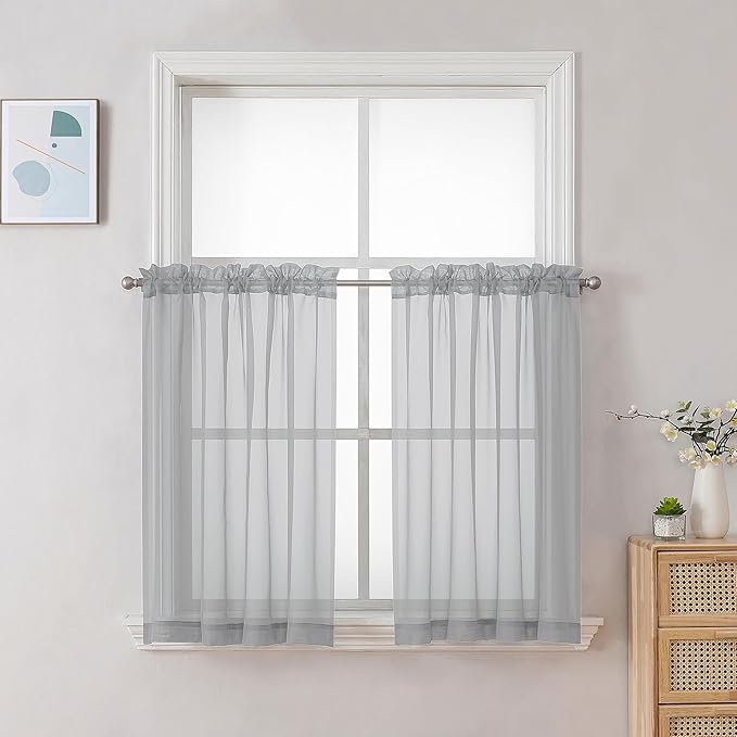 Chyhomenyc Light Grey Sheer Curtains 30 inch Length 2 Panels, Light Filtering Voile Rod Pocket Short Window Curtians for Bathroom Living Room Farmhouse Small Windows, 42Wx30L inches
