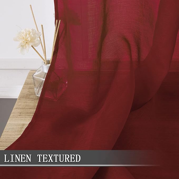 Tollpiz Sheer Tier Curtain Linen Textured Half Kitchen Curtains Sheer Light Filtering Rod Pocket Voile Small Curtains for Bathroom, 25 x 36 inches Long, Burgundy Red, Set of 2 Panels