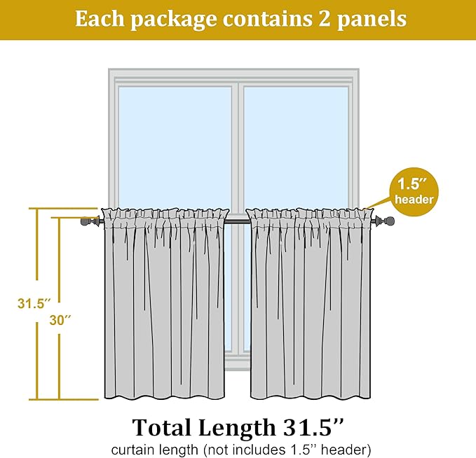 OWENIE Short Sheer Curtains 30 Inches 2 Panels Set, Kitchen Curtains Tiers Light Filtering Rod Pocket Cafe Curtain for Bathroom Small Half Window, 42 in W x 30 in L, White