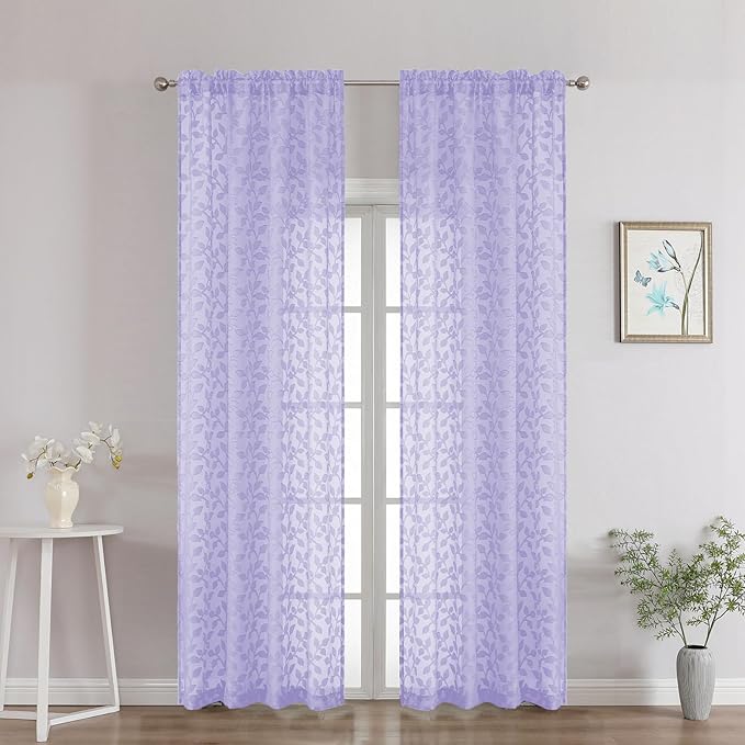 Chyhomenyc Light Purple Sheer Curtains 90 Inch Length 2 Panels Set, Light Filtering Tufted Textured Soft Airy Rod Pocket Gentle Leaf Window Treatment Drapes for Bedroom Living Room, 42" Wx90 L, 2PCS