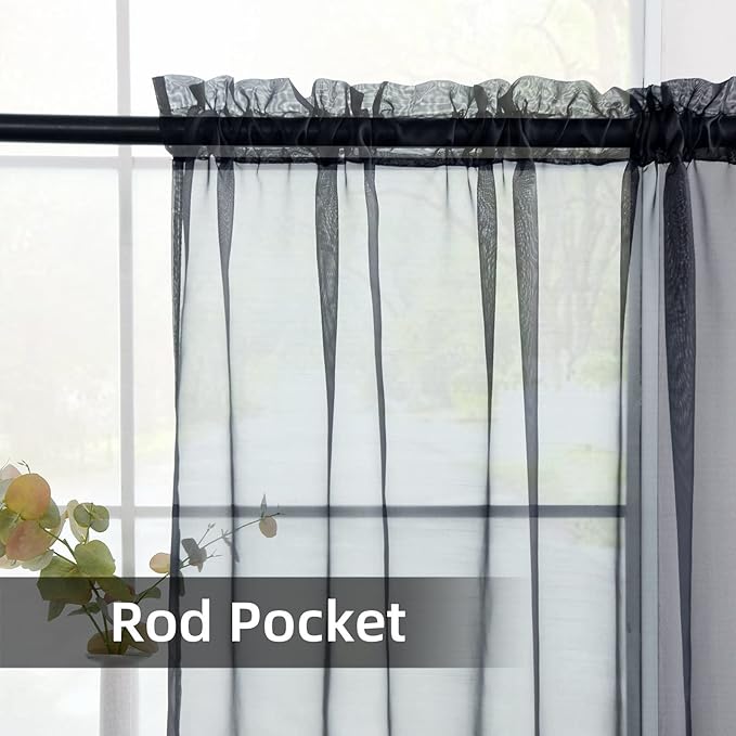 youleyar Solid Sheer Rod Pocket Curtain Voile Draperies 2 Panels White Beige Black Grey Coffee 52 Inch Width 45 Inch Long 1 Pair for Kitchen Bedroom Children Living Room Yard(Charcoal Grey,52Wｘ45L)