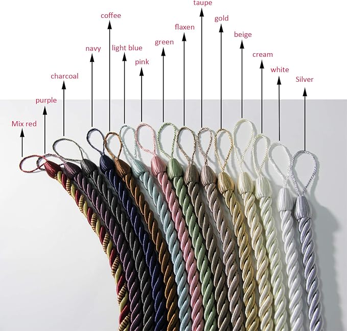 BEL AVENIR Curtain Rope Tiebacks, Drapery Rope Holdbacks with 4 Metal Screw Hooks (Mix red, 4pack)