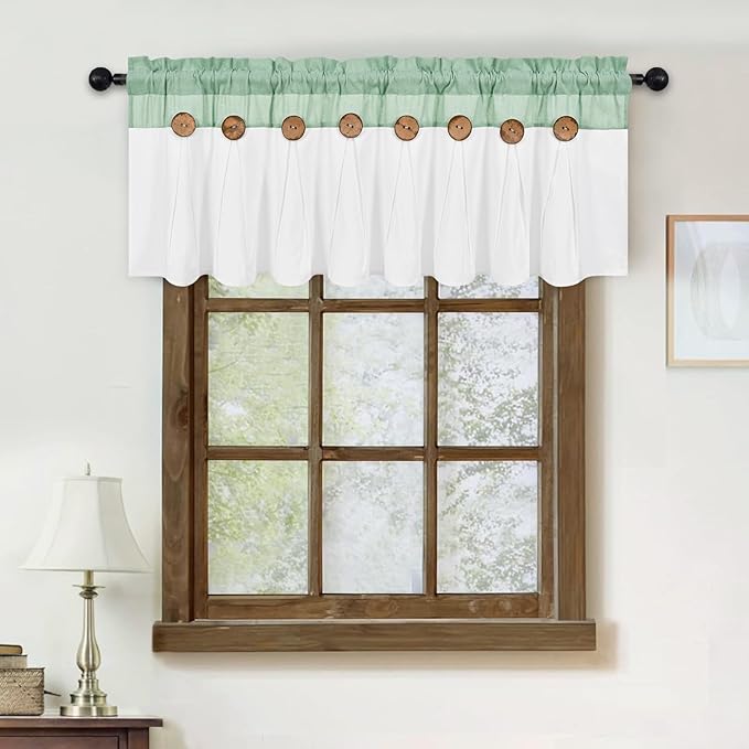 FRAMICS Farmhouse Valance Curtains, Boho Cotton Linen Kitchen Valance, Sage Green Rustic Button Window Valance for Kitchen Bathroom Bedroom, Country Rod Pocket Valances for Windows,52 x 18 Inch