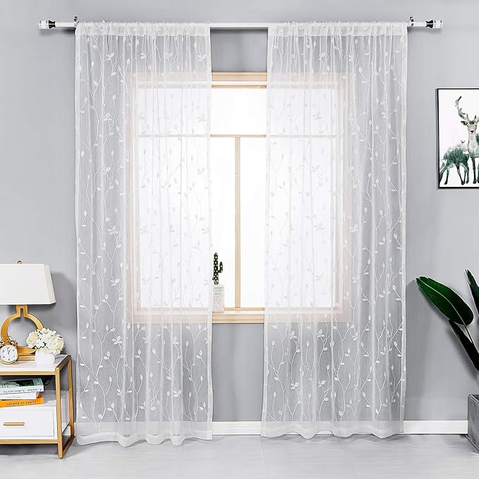 AmHoo 2 Panels Embroidered Leaf Pattern Semi Sheer Curtains Foliage Floral Voile Window Draperies Treatment for Bedroom Living Room Rod Pocket White 53 x 95 Inch