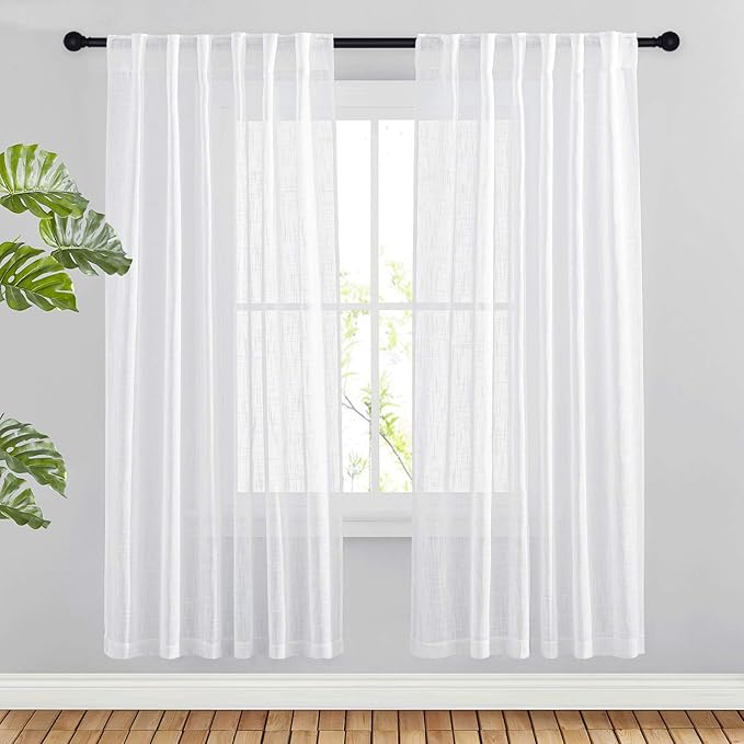 NICETOWN Country Linen Sheer Curtains 72 inches Long for Bedroom Window Treatments, Privacy Semitransparent Voile Sheer Drapes with Light Filtering for Living Room, 52 Inch Wide, White, Set of 2