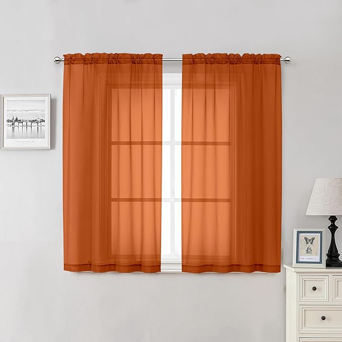 Lecloud Orange Sheer Curtains 54 Inch Length 2 Panels, Voile Light Filtering Curtains for Bedroom with Rod Pocket, Breathable Gauzy Drapes for Basement Bathroom, Each Panel 42 X 54 Inch