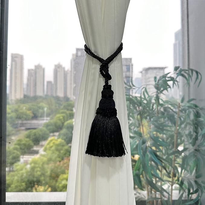 Fenghuangwu 6 Pack Curtain Tie Backs Rope Tassels for Curtains Drape tiebacks Handmade Outdoor Home and Outdoor Decorative (Black, 6p)