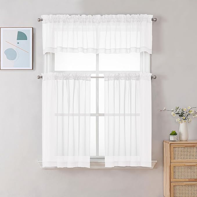 Gwine White Valances for Windows, Small Light Filtering Rod Pocket Cafe Valance Curtains, Soft Sheer Curtain for Bathroom Laundry Basement, 42Wx14L inch, 2 Pieces