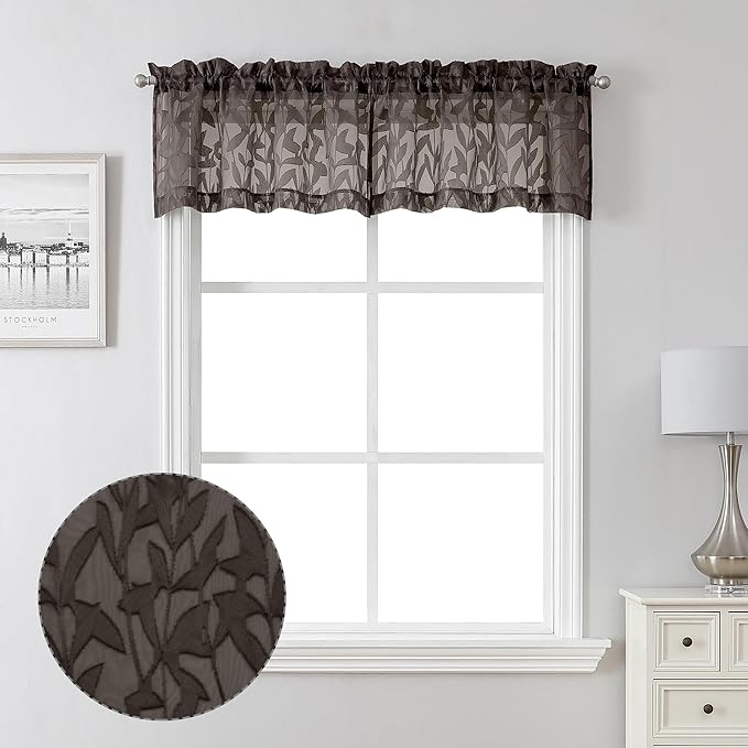 Lecloud Leia Sheer Chocolate Brown Window Curtains for Kitchen 14 Inch Length 2 PCS, Dual Rod Pockets Window Living Room Curtain Valance, Jacquard Clip Textured Leaf Short Bedroom Drapes, 38 W x 14 L