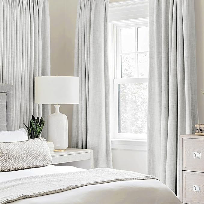MIULEE Linen Textured Curtains for Bedroom Solid 100% Blackout Thermal Insulated Heathered White Grommet Room Darkening Curtains & Drapes Luxury Decor for Living Room Nursery 52 x 54 Inch (2 Panels)