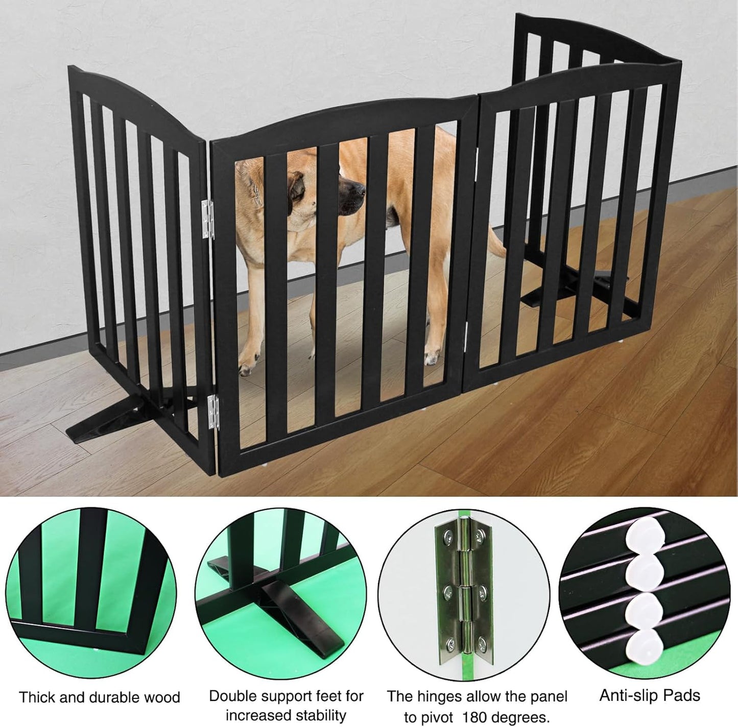 ZJSF Foldable Freestanding Indoor Dog Gate for House Wood Long Pet Gates Dog Fence for Stairs Puppy Gates for Hallways, Puppy Gate,Support Feet Included, Black, 24 "Height-4 Panels