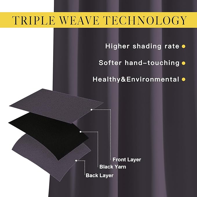 NICETOWN Blackout Curtain Panels 45 inches - Triple Weave Microfiber Home Thermal Insulated Solid Ring Top Blackout Curtains/Drapes for Bedroom(Set of 2, 52 x 45 Inch, Greyish Purple)