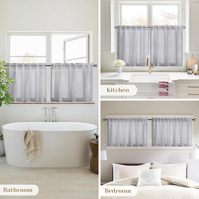 HOMEIDEAS Non-See-Through Light Grey Privacy Sheer Kitchen Curtains, 30 X 24 Inches Long 2 Panels Sheer Curtains Light Filtering Bathroom Window Drapes for Bedroom Living Room