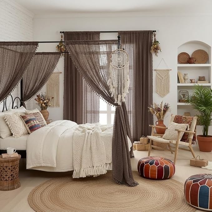 WAZZIO Boho Lace Curtains 84 Inches 2 Panel,Light Filtering Privacy Tassel & Geometry Crochet Semi Sheer Curtain Drapes for Bedroom Living Dining Room,Rod Pocket & Tassel,Chocolate Brown