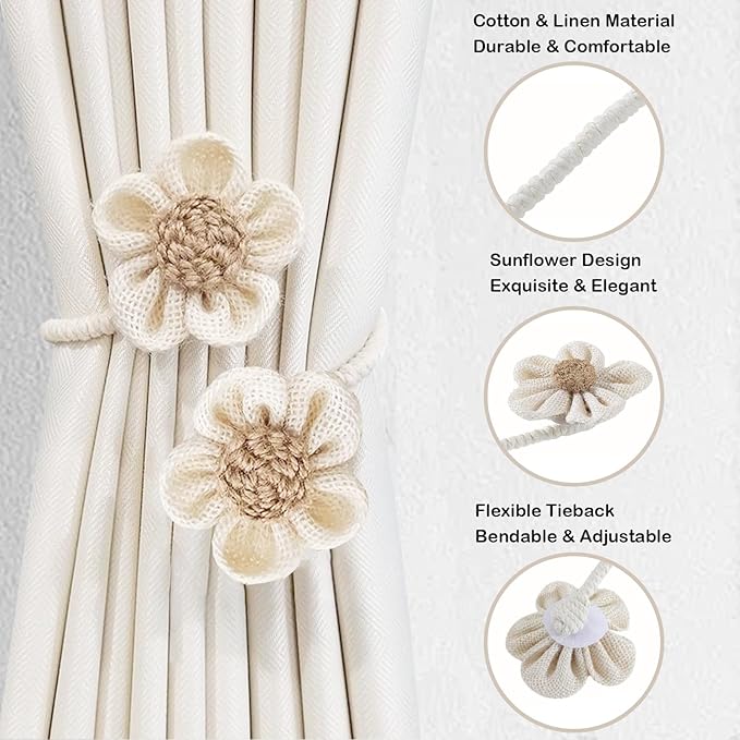 SRG Rope Curtain Tiebacks 2 Pack | Sunflower Curtain Tieback Boho | Simple Elegant DIY Curtain Holdbacks | Accessories Wall Decoration for Home Office（Cream）