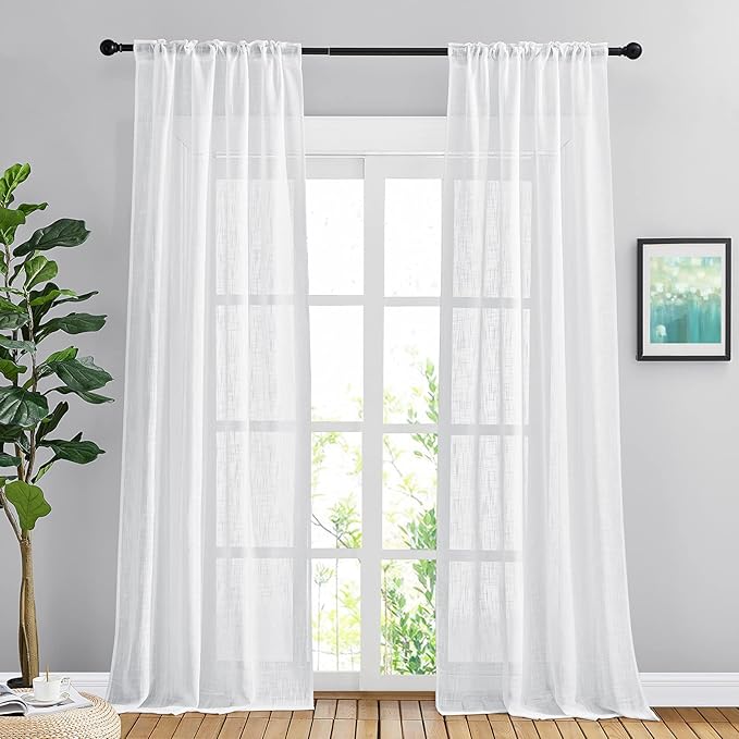 NICETOWN White Semi Sheer Living Room Curtains 108 inches Long, Rod Pocket & Back Tab Faux Linen Window Treatments Privacy with Light Filtering for Bedroom, W42 x L108, 2 Panels