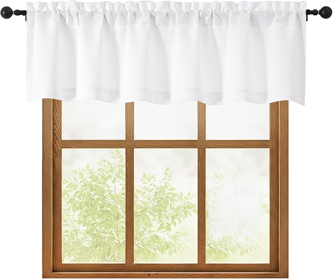 OWENIE White Valances for Windows 1 Pcs, Light Filtering Textured Farmhouse Short Small Valance Curtains for Bathroom Basement Living Room Bedroom, Rod Pocket Half Curtains Over Sink, 60" W by 16" L