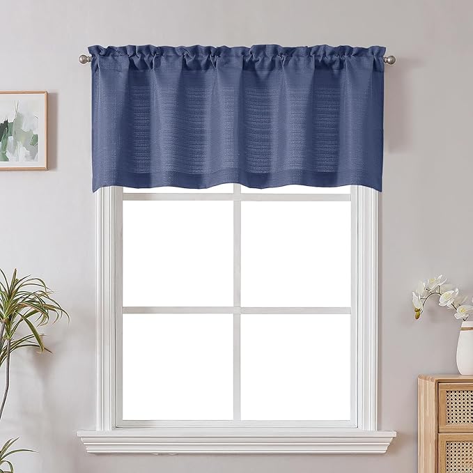 Chyhomenyc Blue Short Curtain Valance for Windows, Faux Linen Textured Half Window Curtains, Burlap Solid Topper Small Curtain Valance for Bathroom Laundry Basement, 60Wx20L Inch, 1 Piece