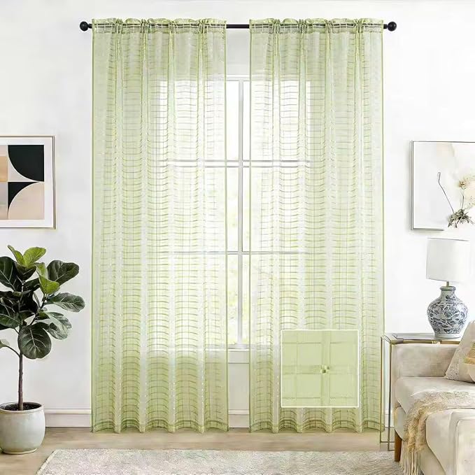 SpaceDresser Check Sheer Curtains 84 Inches 2 Panels Set, Rod Pocket Plaid Window Curtain for Living Room, Sage Green Semi Sheer Drapes for Kitchen Bedroom Children Room Yard（Sage Green, 52W x 84L）