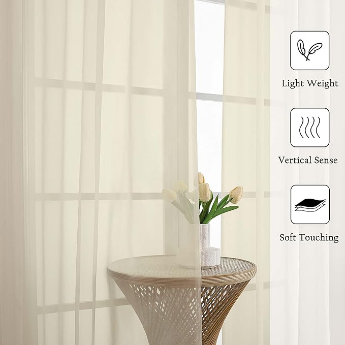 Lecloud Cream Sheer Curtains 84 Inches Long 2 Pcs, Dual Rod Pocket Breathable Rustic Living Room Curtains for Bedroom Dining Room, Home Decor Light Filtering Drapes, Each Panel 59" W x 84" L