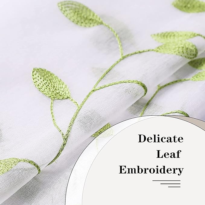 MRTREES Sheer Curtain Valance Rod Pocket, 2 Panels Leaves Embroidered Christmas Valance for Windows, Living Room Small Window Curtain Toppers for Kitchen/Basement/Bathroom(Green Leaves, 54"x16")