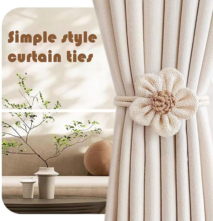 SRG 4pcs Handmade Pearl Curtain Tiebacks Boho Flower Curtain Holdbacks with Buckle Pins Simple Elegant Sunflower Rope Curtain Boho Bedroom Decor（Large Cream&Khaki）
