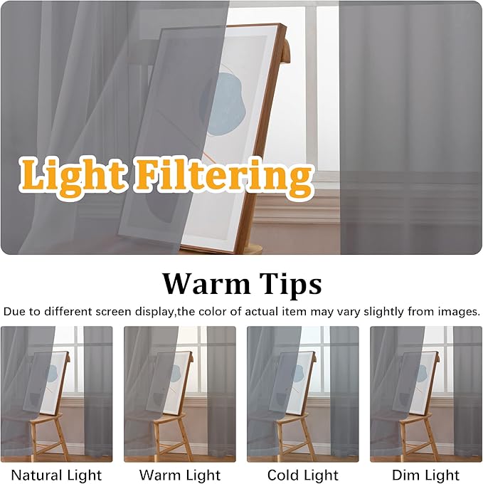 Gwine Charcoal Grey Sheer Curtains for Living Room 45 inches Long, Short Voile Light Filtering Window Treatments Sheer Curtains for Bedroom, Half Window Drapes with Rod Pocket, Each 42" Wx45 L