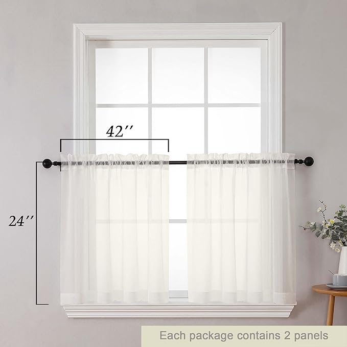 Kitchen Curtains 24 Inch Length Tier 2 Pieces, Ivory Sheer Curtain Solid Soft Sheer Short Curtains for Windows, Cafe Bathroom Basement Rod Pocket Drapes, Ivory, Each 42" Wx24 L Inches