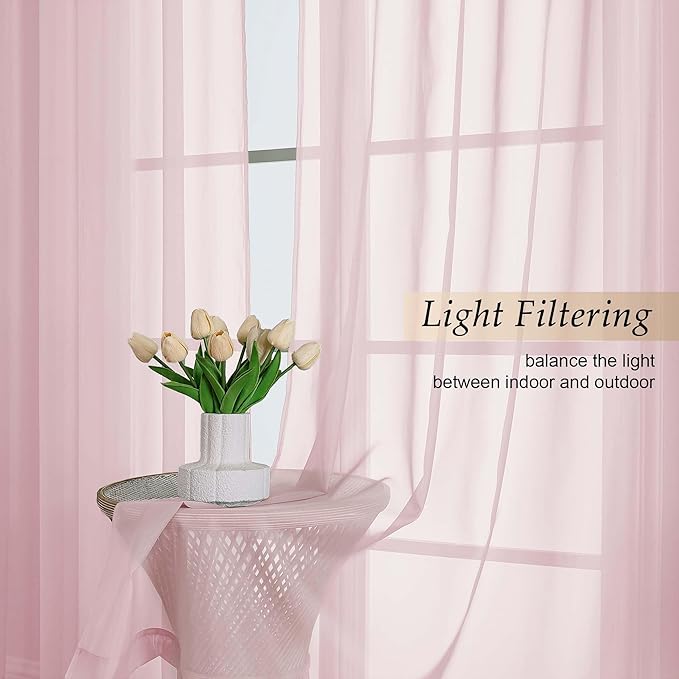 Extra Long Blush Sheer Curtains for Bedroom Living Room 108 Inches Long 2 Panels Set, Solid Soft Light Filtering Rod Pocket Sheer Window Curtains, Blush, Each 59" Wx108 L Inch