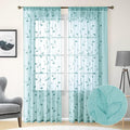 HOMEIDEAS Turquoise Aqua Sheer Curtains 52 X 96 Inches Length 2 Panels Embroidered Leaf Pattern Pocket Faux Linen Floral Teal Voile Window Drapes for Bedroom Living Room