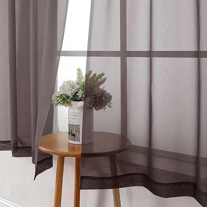 Lecloud Sheer Curtains 45 Inch Length 2 Panels Set, Chocolate Solid Voile Rod Pocket Curtain Drapes for Small Windows, Modern Tulle Curtains for Bedroom Bathroom Basement, Each Panel 42 X 45 Inch