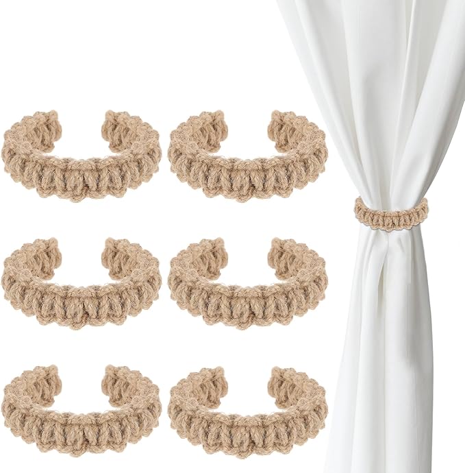 Ptwola 6 Pack Braided Curtain Tiebacks Boho Elegant Rustic Curtain Holdbacks Tie Backs Holders Set Simple Light Weight Drapes Decorative Accessories Handmade for Home Office Bedroom Window (6, Linen)