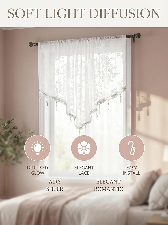 Molaxhome Swag Curtain 51 inch Length Rod Pocket Scalloped Curtain Valance Sheer Lace Panels with Hanging Crystal Beads for Kitchen Bedroom Window Treatments Drape Decor 1pc (Lace White, 51Wx23L)