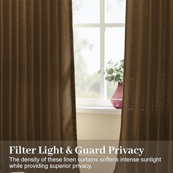 Pinch Pleated Linen Curtains 84 Inch Length 2 Panels Set, Light Filtering Linen Semi Sheer Drapes Memory Trained Pleated Curtain Back Tab for Living Room Farmhouse with Hooks Rings, Dark Chocolate