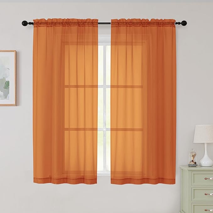 Sheer Orange Curtains for Bedroom Living Room 54 Inch Length 2 Panels Set, Solid Soft Airy Light Filtering Window Treatments, Modern Rod Pocket Drapes, Orange, 42" Wx54 L Inches
