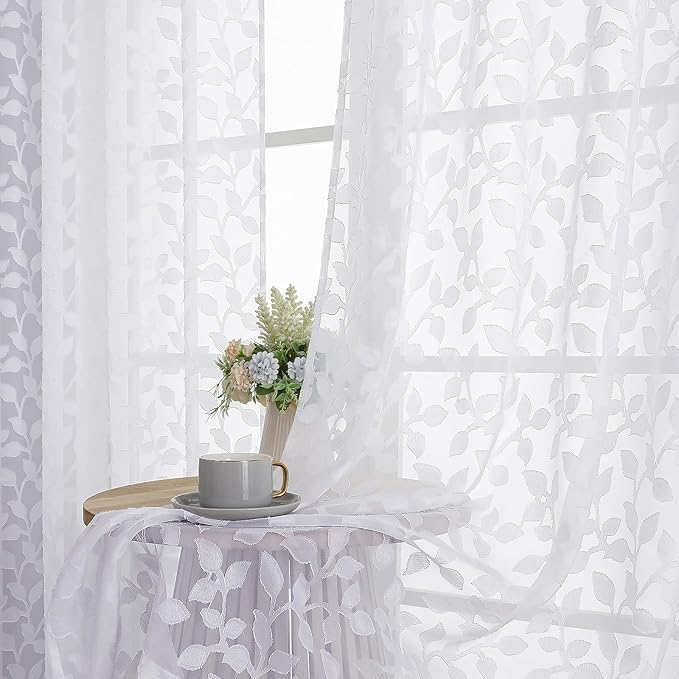 Chyhomenyc White Sheer Curtains 72 Inches Long 2 Panels Set, Light Filtering Tufted Textured Soft Airy Rod Pocket Elegant Leaf Window Treatment Drapes for Bedroom Living Room, 42" Wx72 L, 2PCS