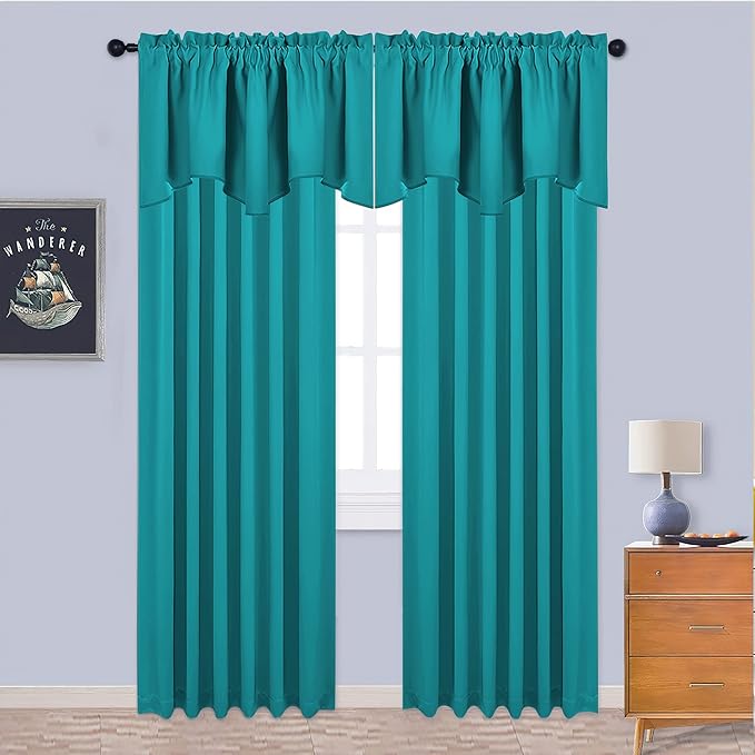 NICETOWN Blackout Valances Scalloped Tier Drape - 42 inches by 18 inches Energy Efficient Rod Pocket Valance Window Treatment Tier Curtain for Camper RV/Bedroom, Peacock Teal, 1 Piece