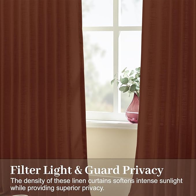 IVAPUPU Pinch Pleated Linen Curtains 96 Inches Long for Living Room, Semi Sheer Light Filtering Memory Trained Pleated Curtain Back Tab Drapes for Farmhouse with Hooks Rings, Chestnut Brown, 2 Panels