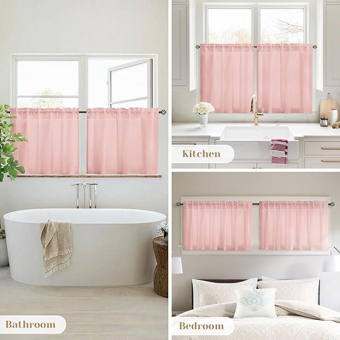 HOMEIDEAS Non-See-Through Blush Pink Privacy Sheer Kitchen Curtains, 30 X 36 Inches Long 2 Panels Short Sheer Curtains Light Filtering Bathroom Window Drapes for Bedroom Living Room