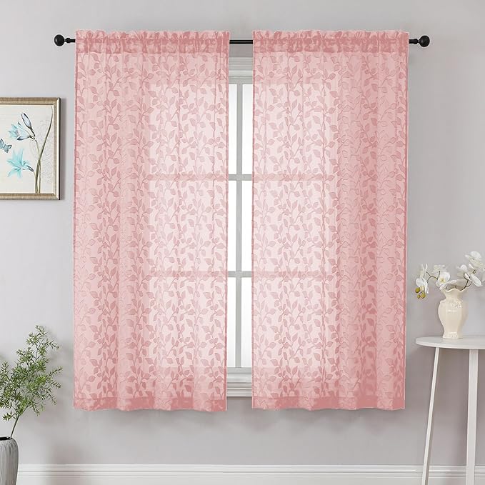 Chyhomenyc Blush Pink Sheer Curtains 63 Inch Length 2 Panels Set, Light Filtering Tufted Textured Soft Airy Rod Pocket Beautiful Leaf Window Treatment Drapes for Bedroom Living Room, 42" Wx63 L, 2PCS