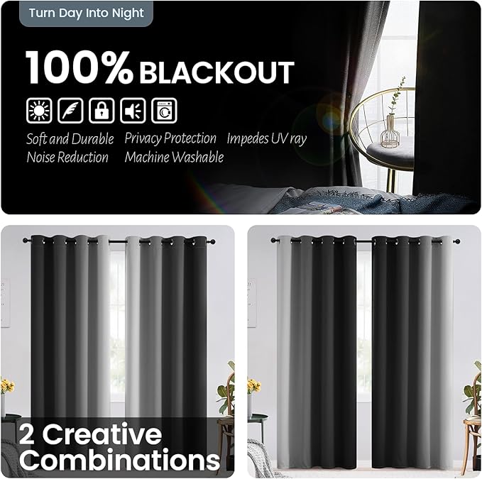 SimpleHome Ombre 100% Blackout Curtains for Bedroom, Full Light Blocking Black and Greyish White Curtains, Thermal Insulated Grommet Window Drapes for Living Room,2 Panels, 52x72 inches Length