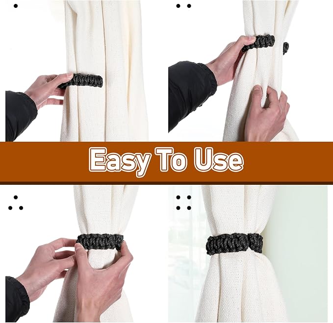 Ptwola 4 Pack Braided Curtain Tiebacks Boho Elegant Rustic Curtain Holdbacks Tie Backs Holders Set Simple Light Weight Drapes Decorative Accessories Handmade for Home Office Bedroom Window (4, Black)