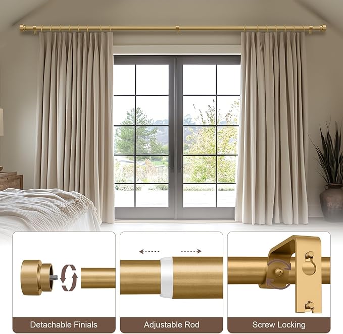 Lootkell Modern Gold Curtain Rods for Windows 28 to 48 Inches Adjustable Length Heavy Duty 1" Diameter Window Curtain Rod with Decorative Finials for Outdoor Bedroom Kitchen Living Room